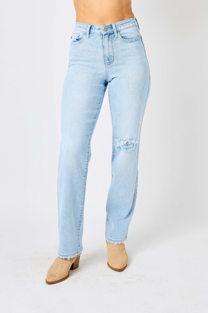 omen's Distressed High Waist Straight Leg Jeans