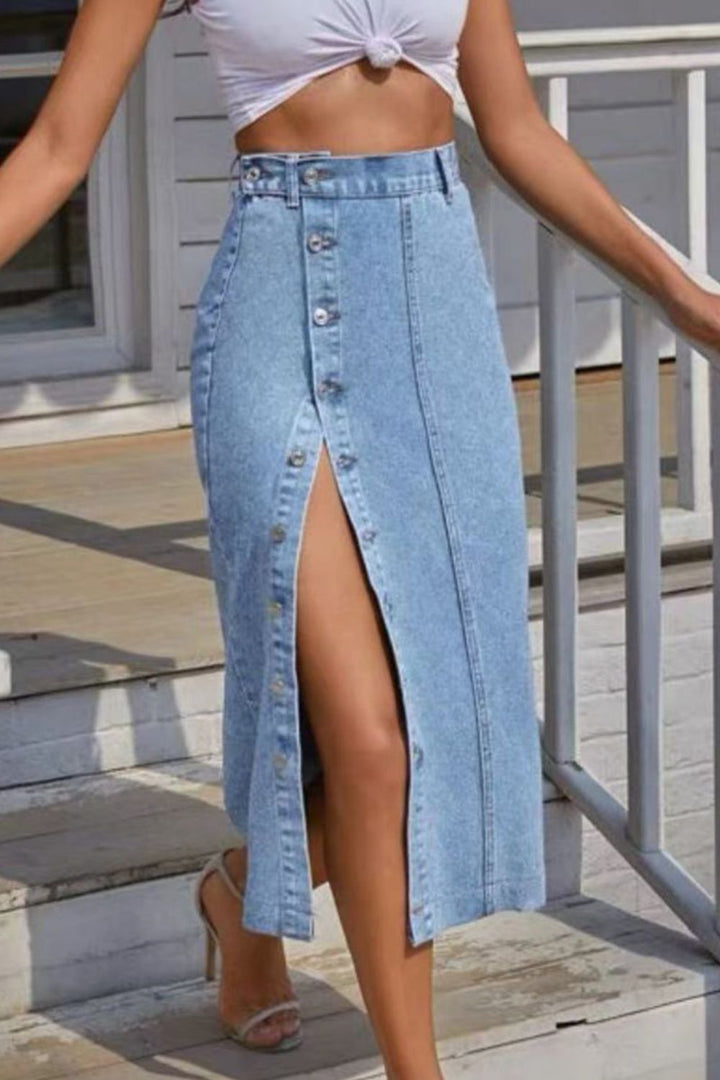 Women's Split Denim Skirt with Button Detail