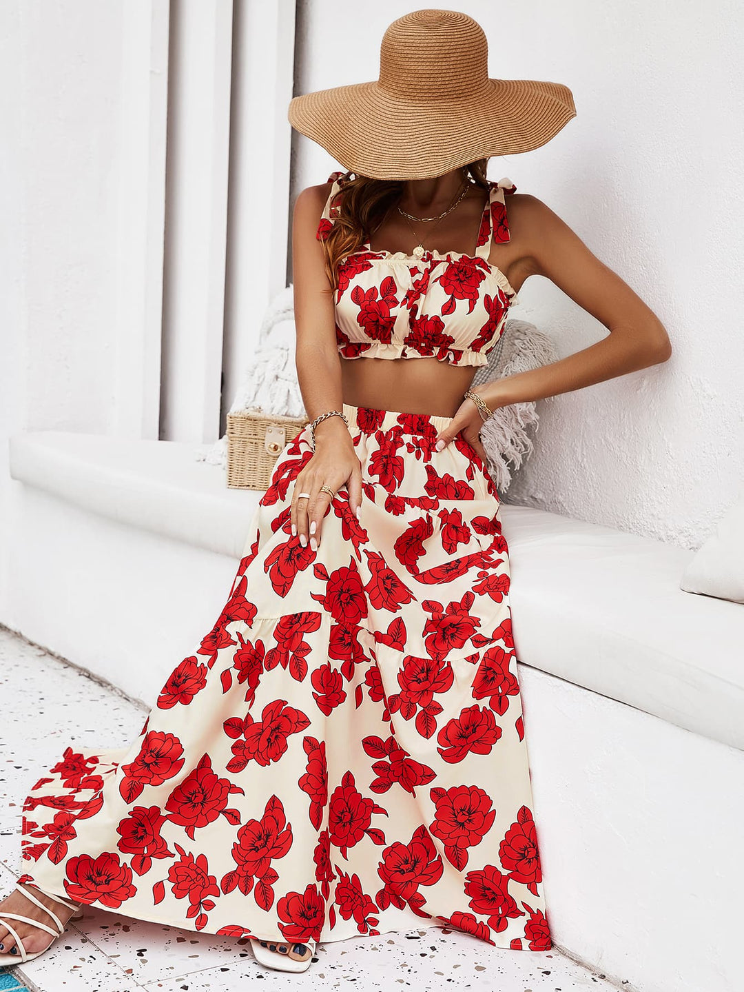 "Women's Floral Tie Shoulder Top and Tiered Maxi Skirt Set (Skirt)"