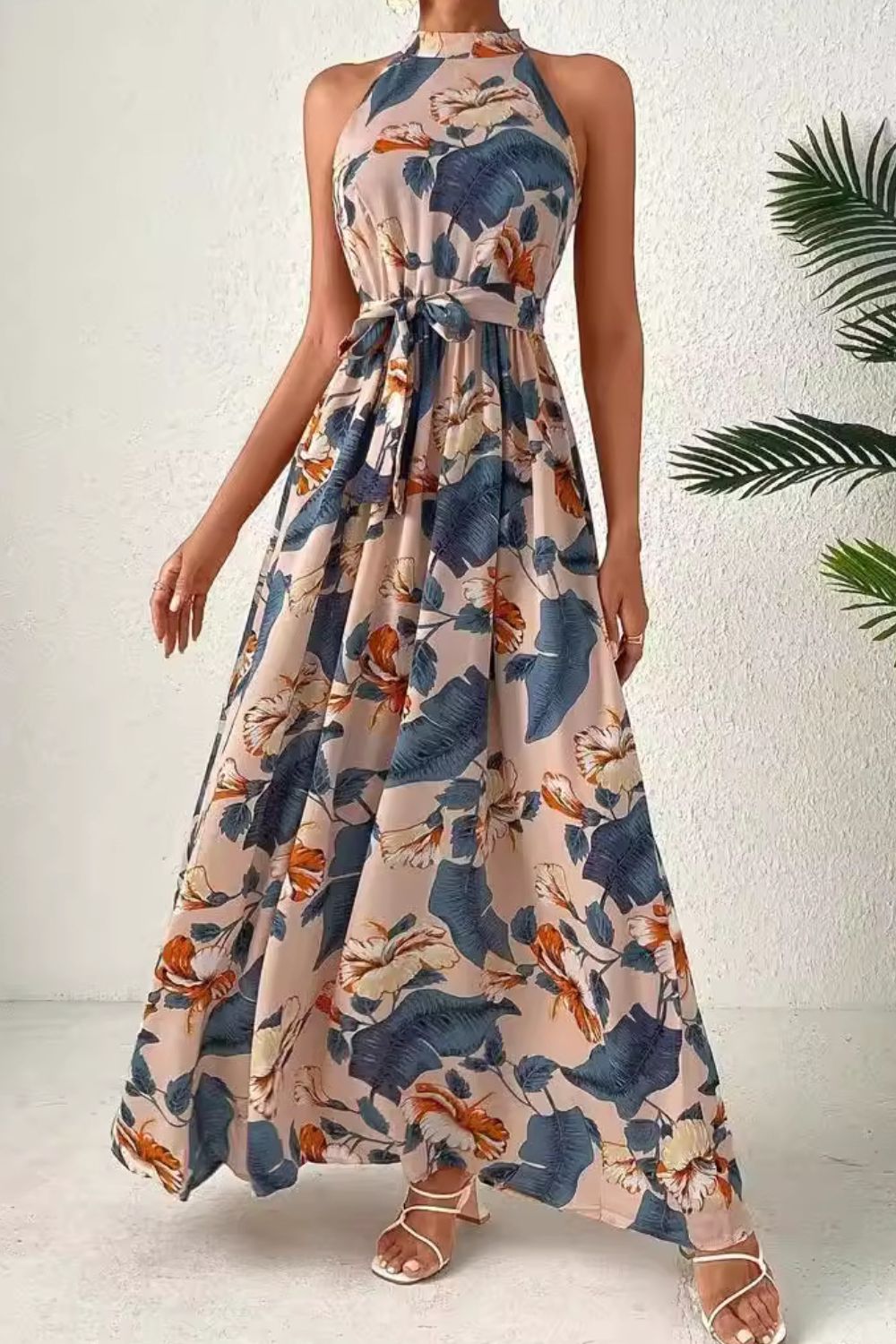 Women's Floral Tied Slit Sleeveless Dress