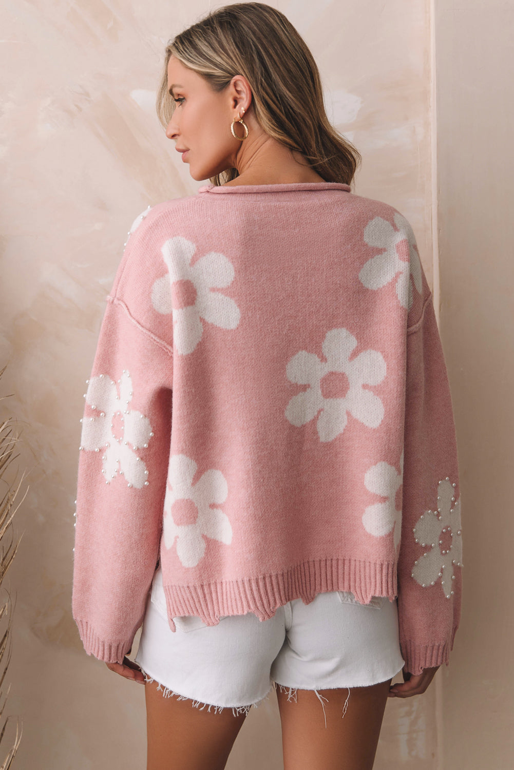 Women's Floral Pearl Embellished Slit Sweater