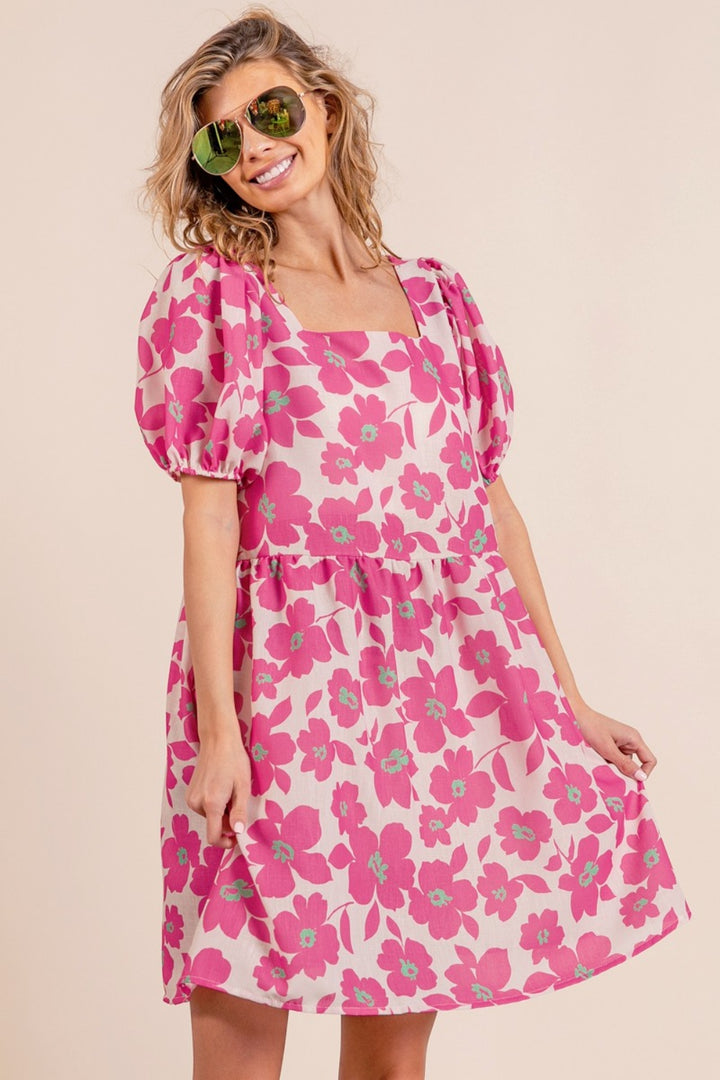 "Women's Square Neck Puff Sleeve Mini Dresses with BiBi Print"