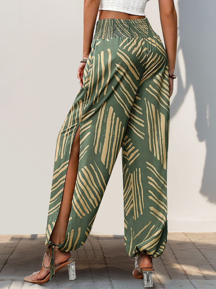 Smocked Slit Printed High Waist Pants