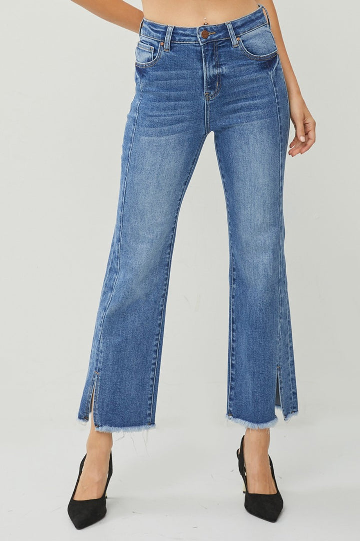 Women's Raw Hem Slit High Waist Straight Jeans