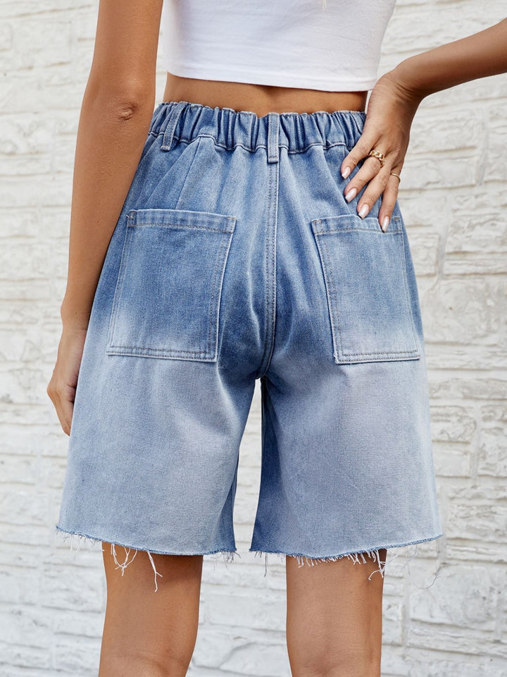 Women's Denim Shorts with Raw Hem and Button Closure