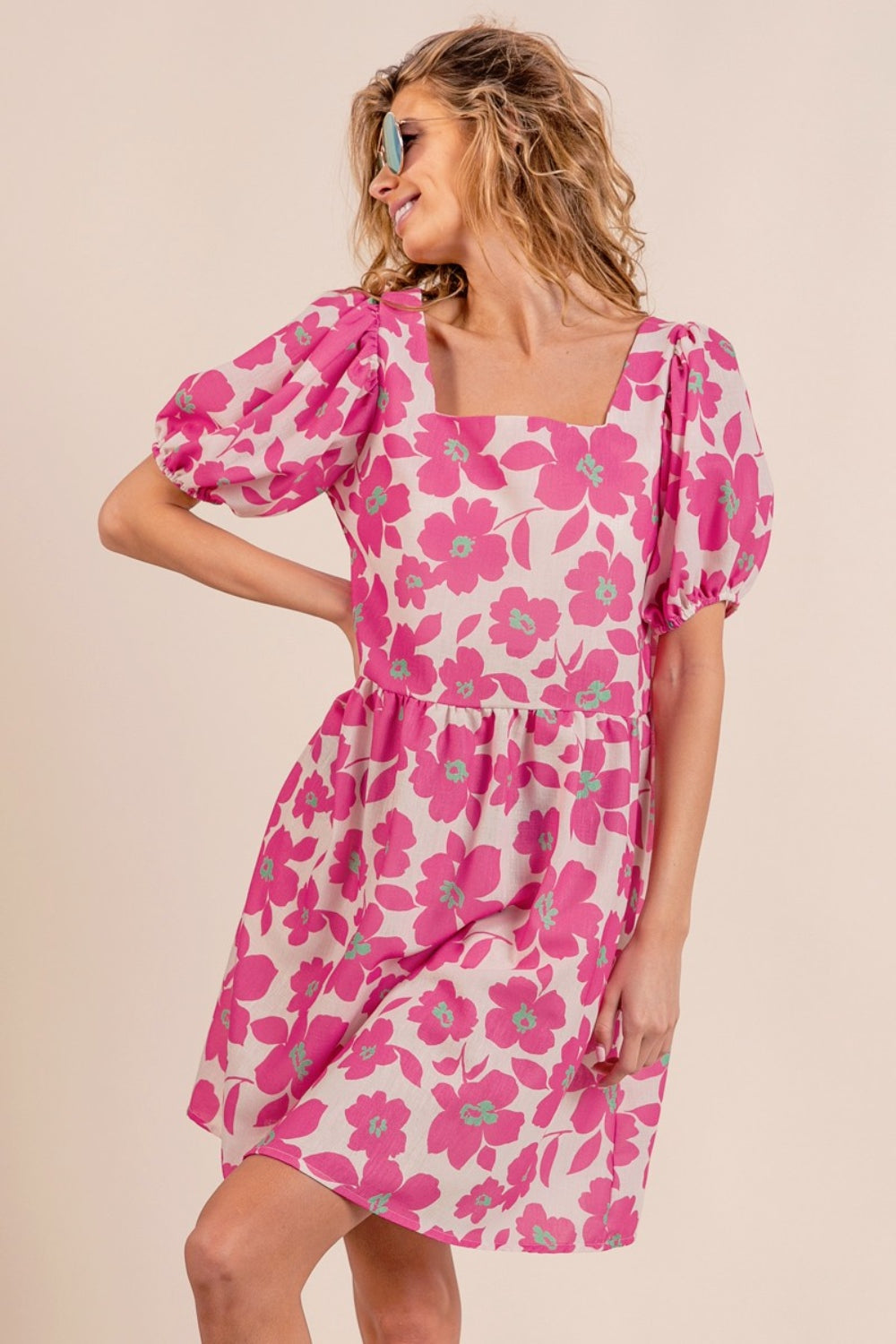 "Women's Square Neck Puff Sleeve Mini Dresses with BiBi Print"