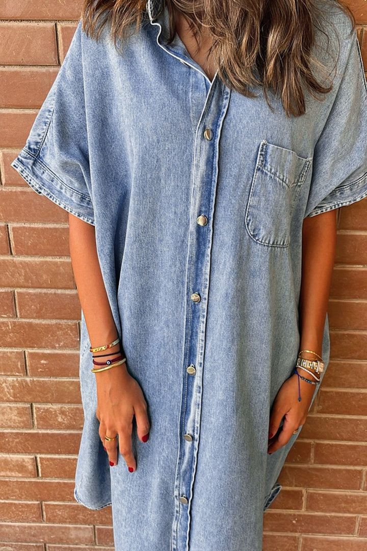 Women's Denim Dresses: Button-Up Half Sleeve with Pockets