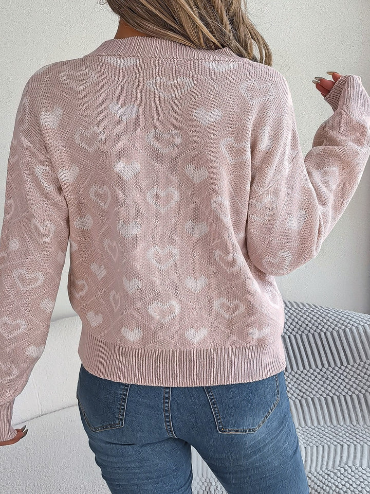 Women's Cozy Heart Print V-Neck Sweater