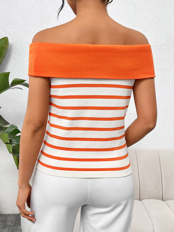 Women's Off-Shoulder Striped Decorative Button Sweater