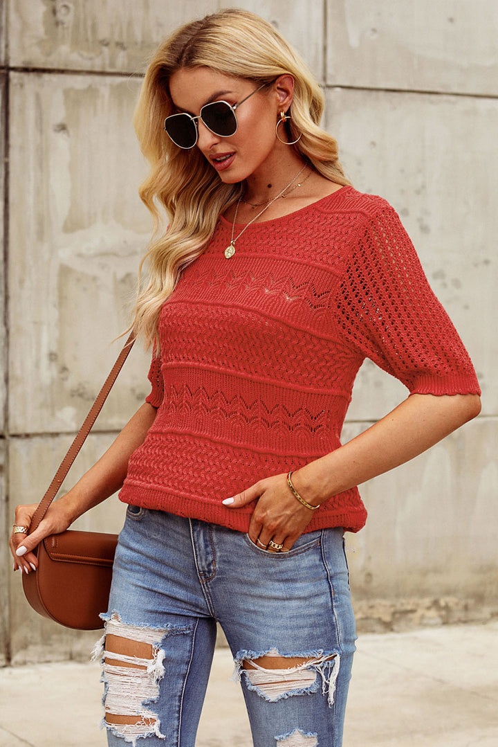 Women's Openwork Round Neck Half Sleeve Knit Sweater