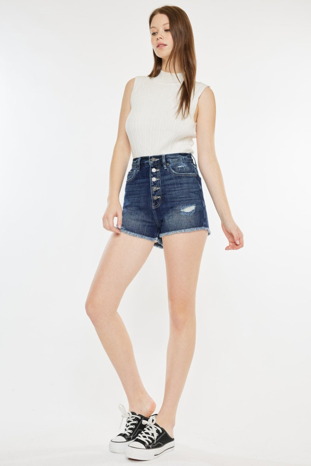 Women's Denim Shorts with Raw Hem and Button Fly