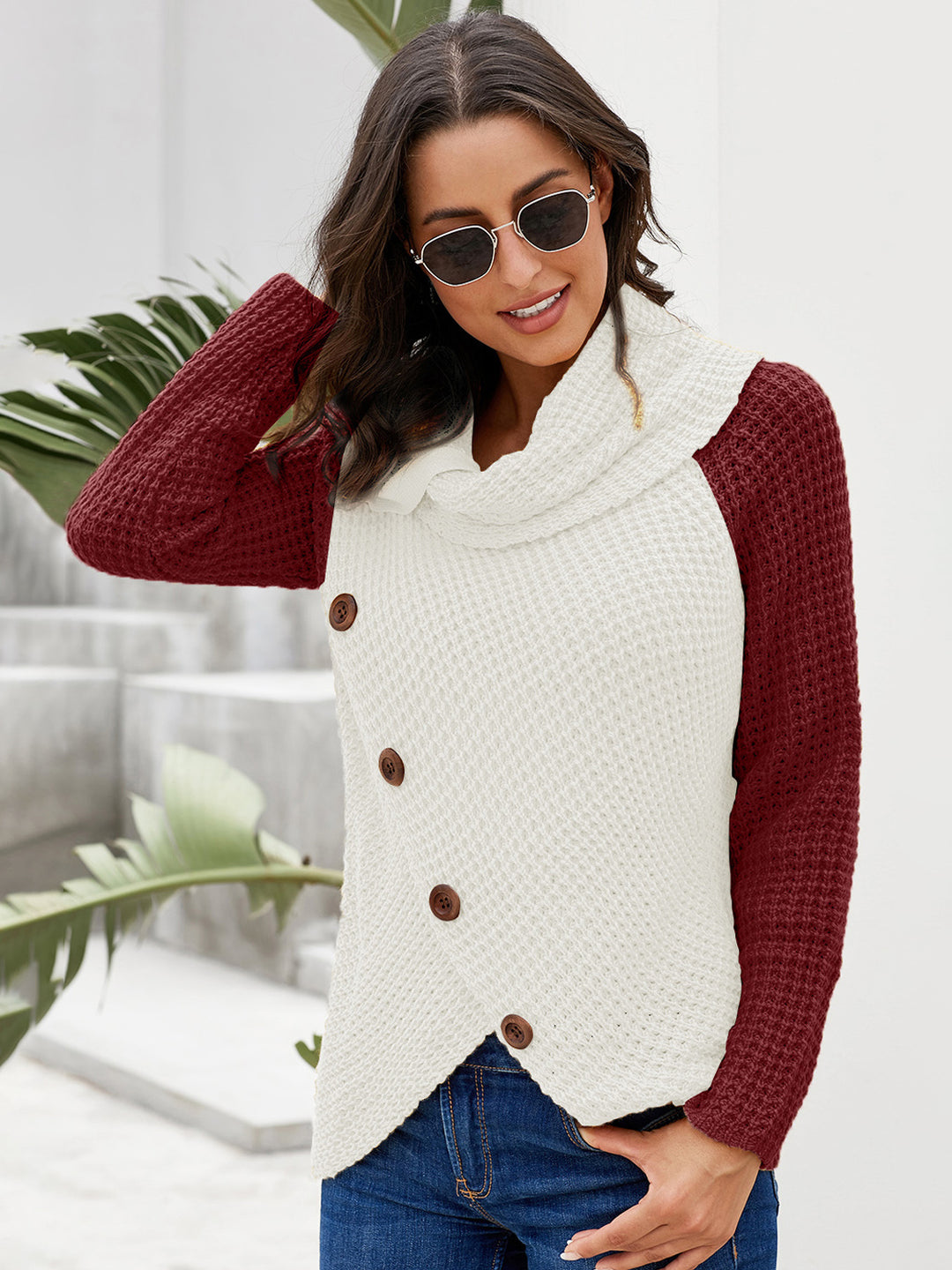 Women's Cozy Turtleneck Sweater with Decorative Buttons