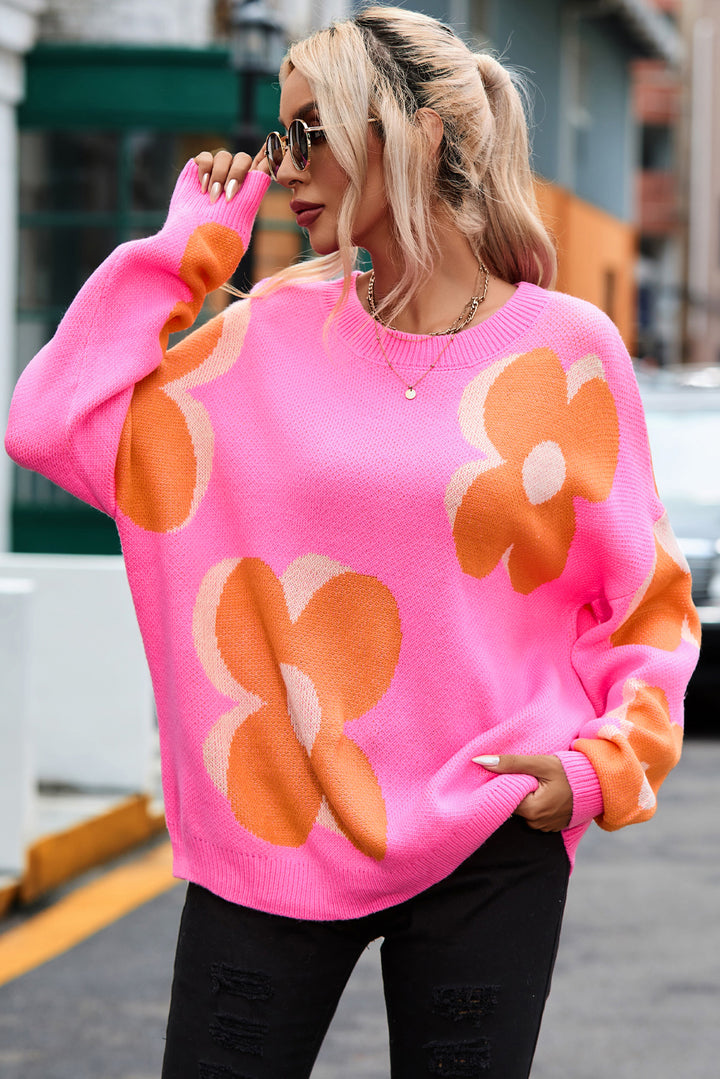 Women's Floral Round Neck Dropped Shoulder Sweater