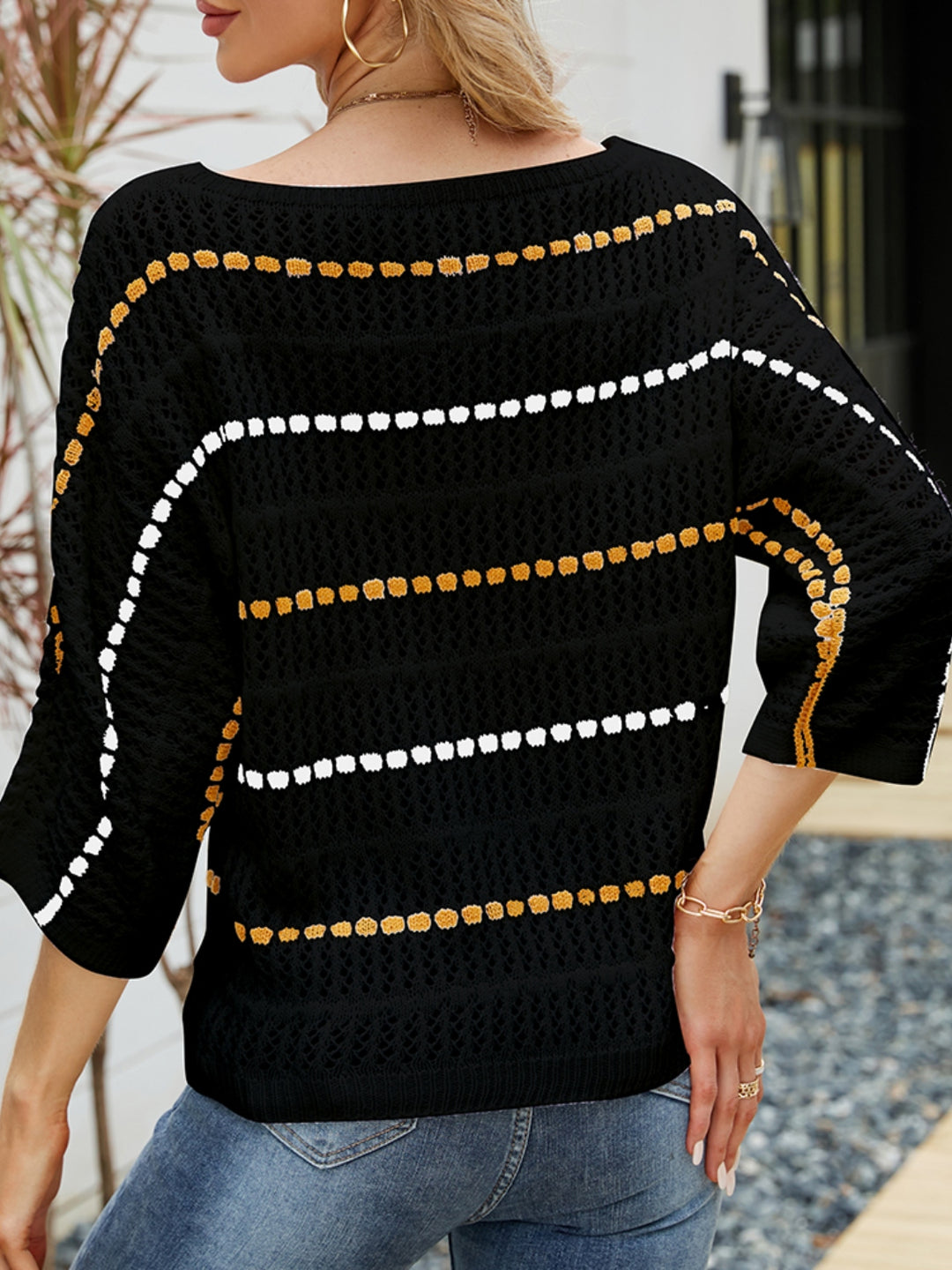 Women's Eyelet Striped Round Neck Knit Sweater