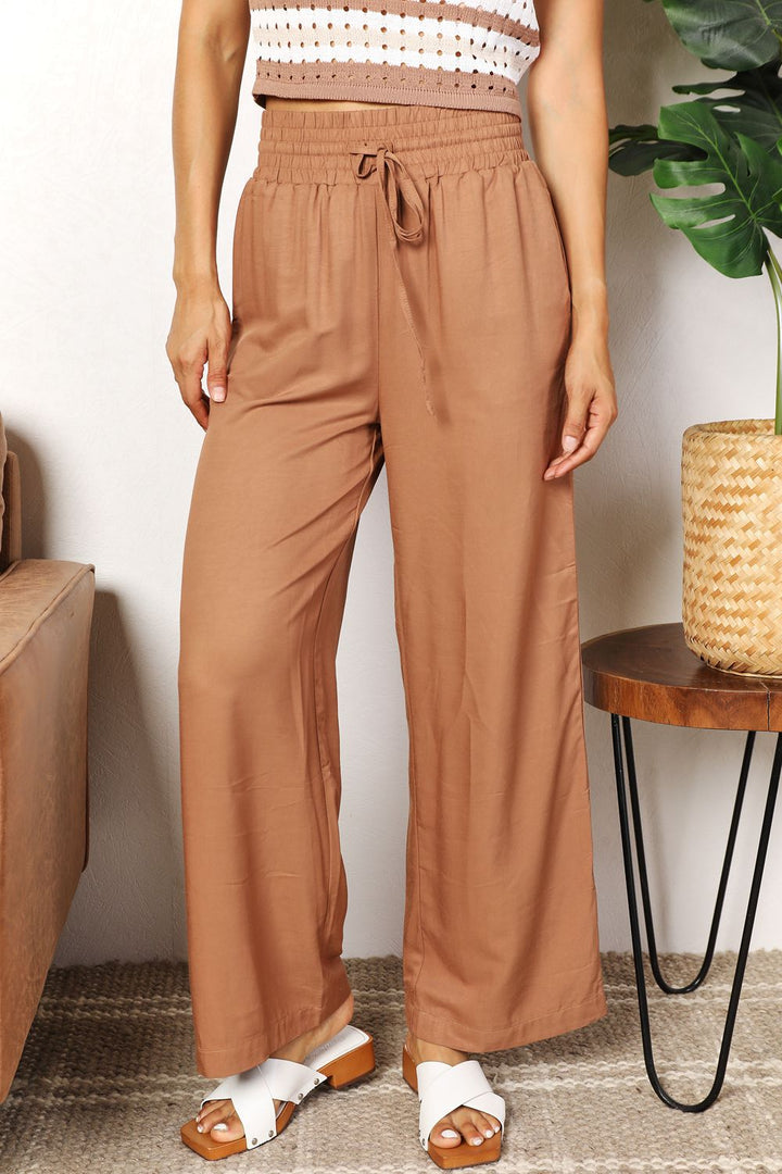 Women's Smocked Waist Wide Leg Pants (Double Take Drawstring Style)