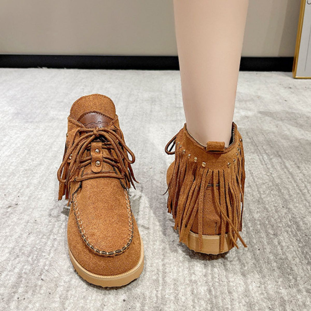 Fringe Studded Round Toe Canvas Boots