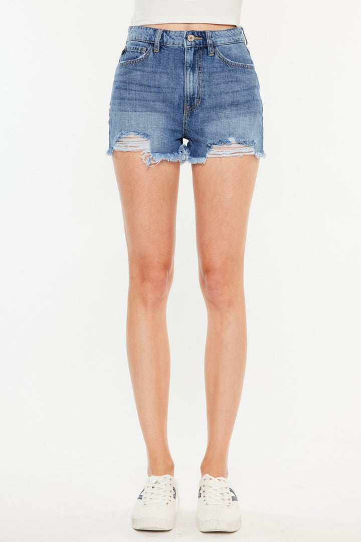 Women's Distressed High Waist Denim Shorts with Raw Hem