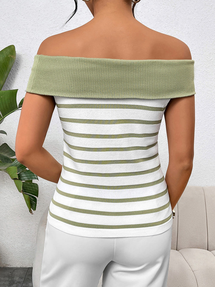 Women's Off-Shoulder Striped Decorative Button Sweater