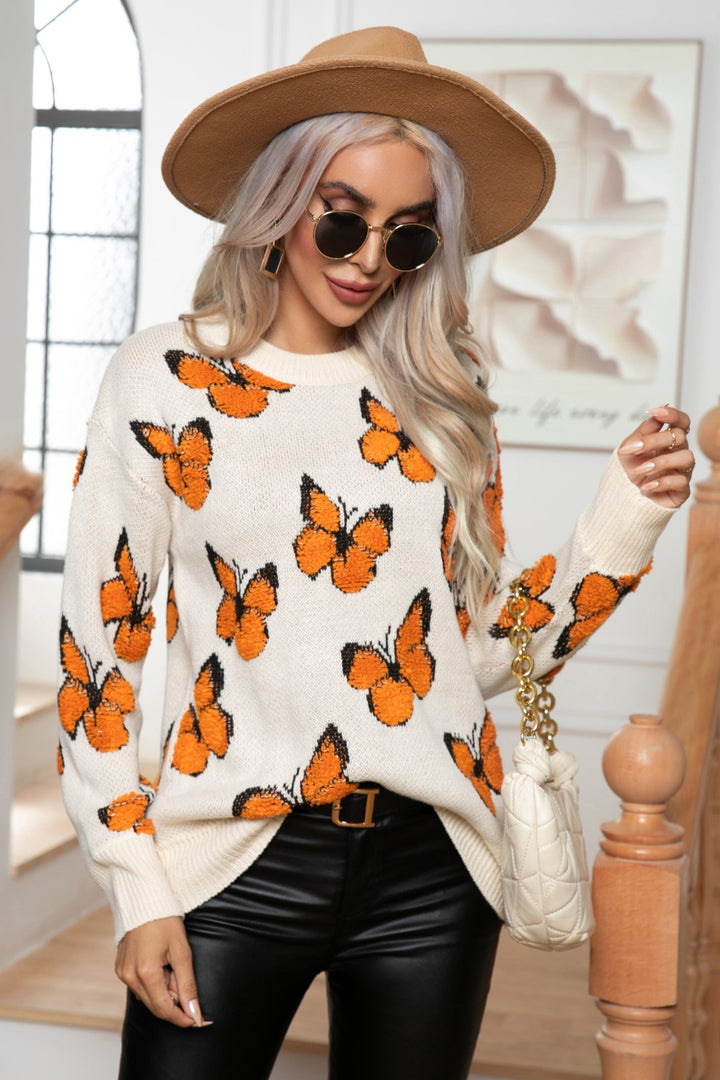 Women's Cozy Butterfly Round Neck Long Sleeve Sweater