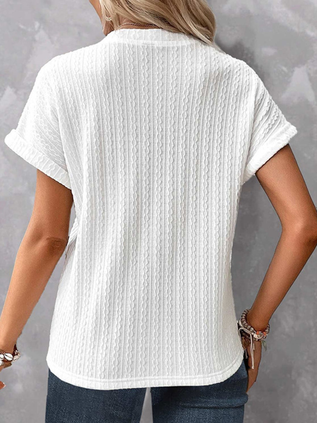 Textured Notched Short Sleeve Blouse