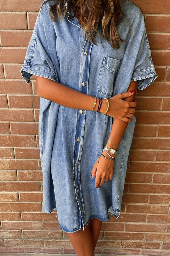 Women's Denim Dresses: Button-Up Half Sleeve with Pockets