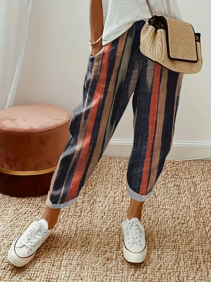 Women's Striped Elastic Waist Pants with Pockets