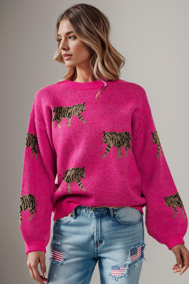 Women's Cozy Tiger Print Round Neck Sweater