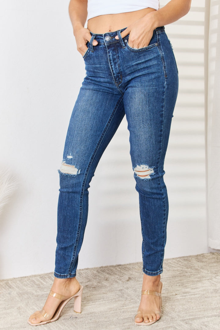 Women's Distressed Mid Waist Full Size Slim Fit Jeans