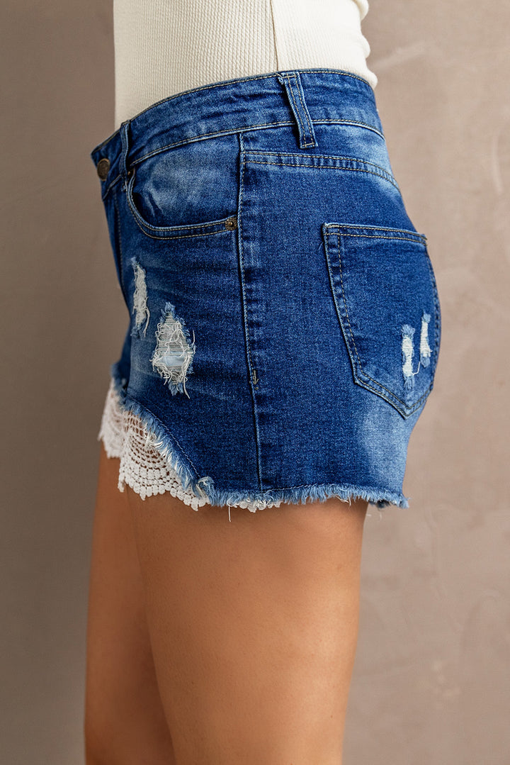 Women's Distressed Lace Spliced Denim Shorts