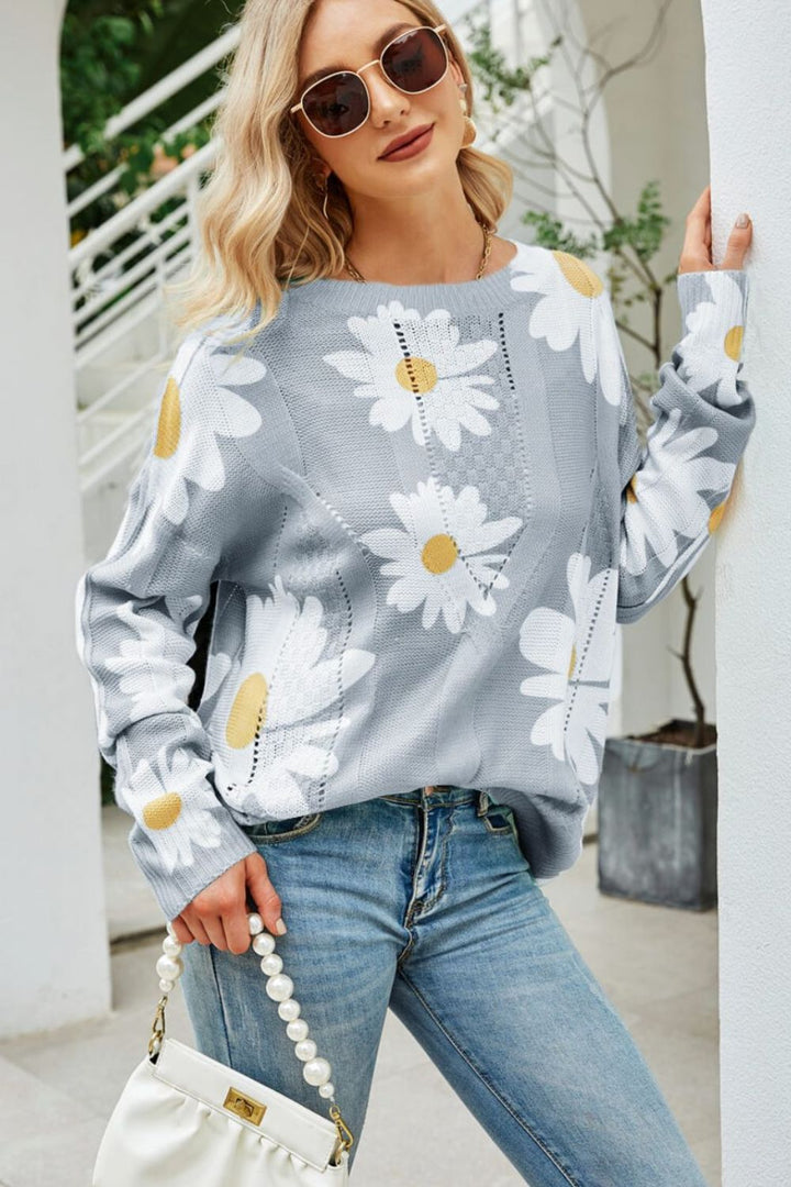 Women's Openwork Floral Daisy Print Round Neck Sweater