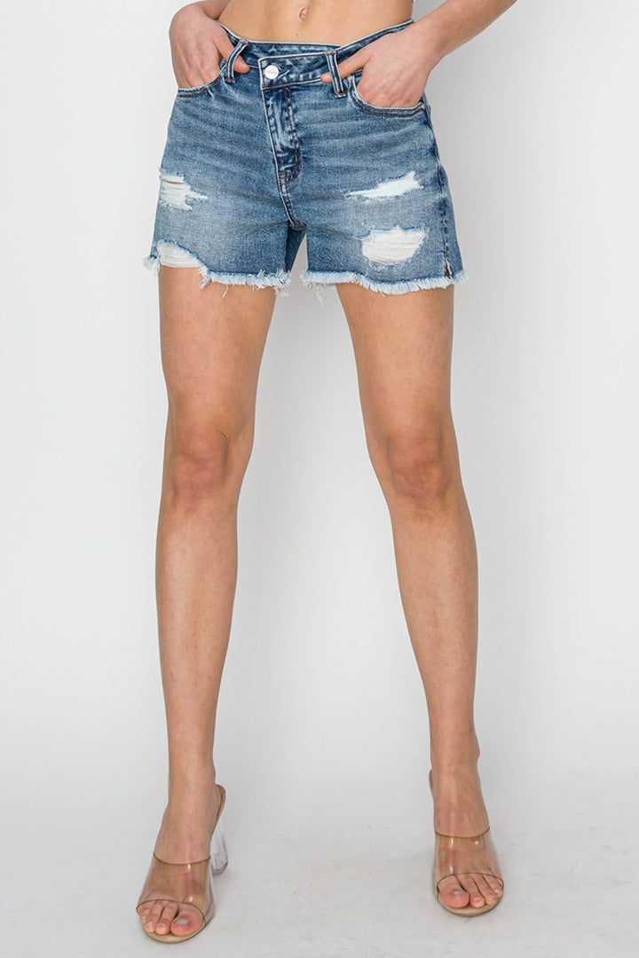 "Women's Stepped Waist Frayed Denim Shorts"