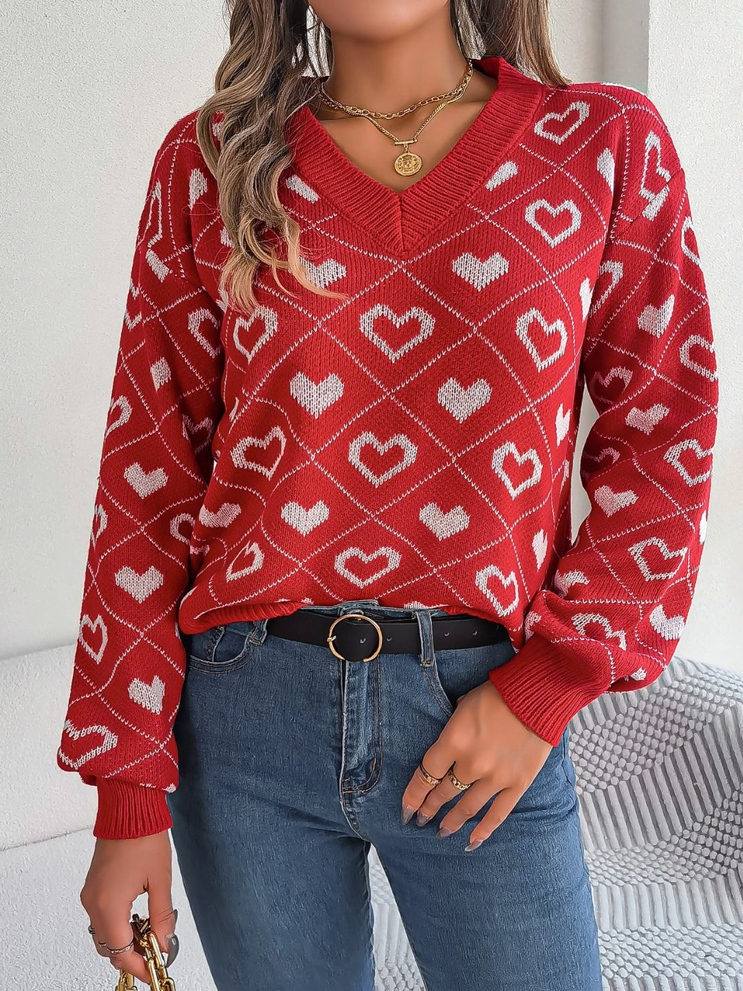 Women's Cozy Heart Print V-Neck Sweater