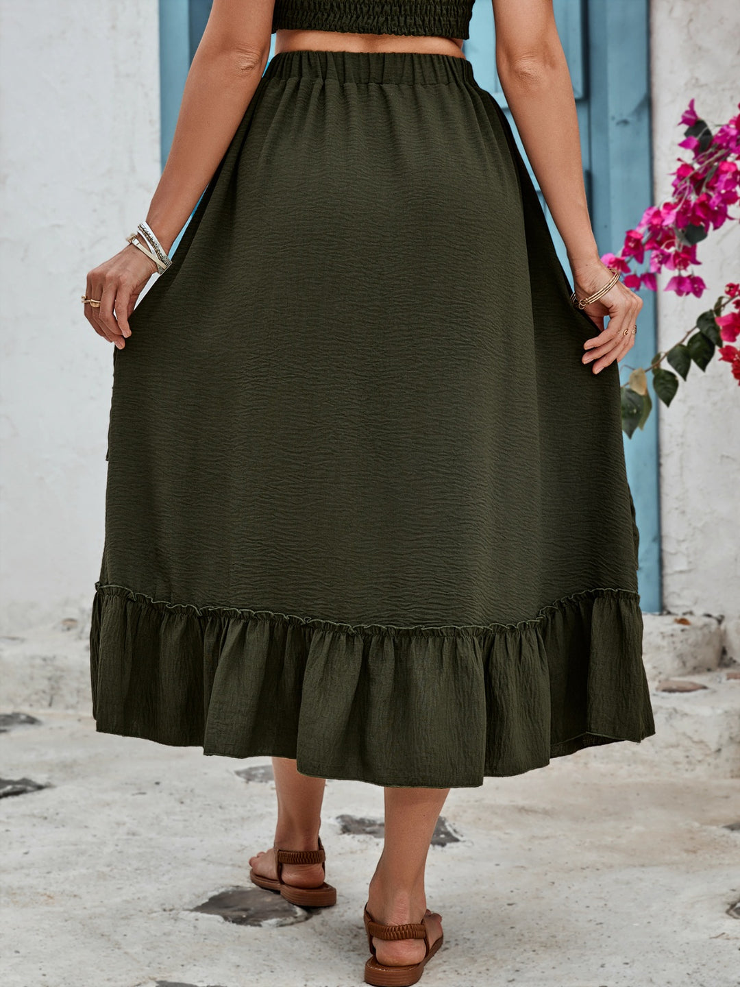 "Women's Ruffled Elastic Waist Midi Skirt"