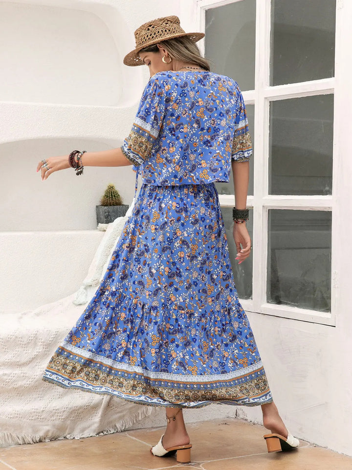 Women's Floral Tie Neck Skirt Set