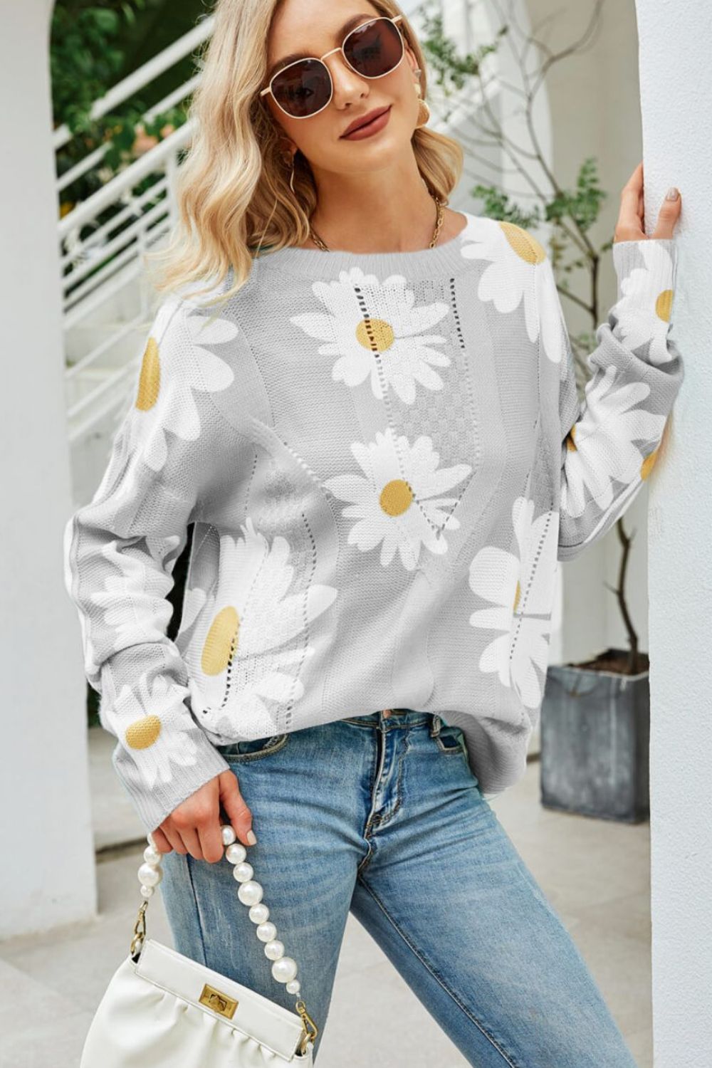 Women's Openwork Floral Daisy Print Round Neck Sweater