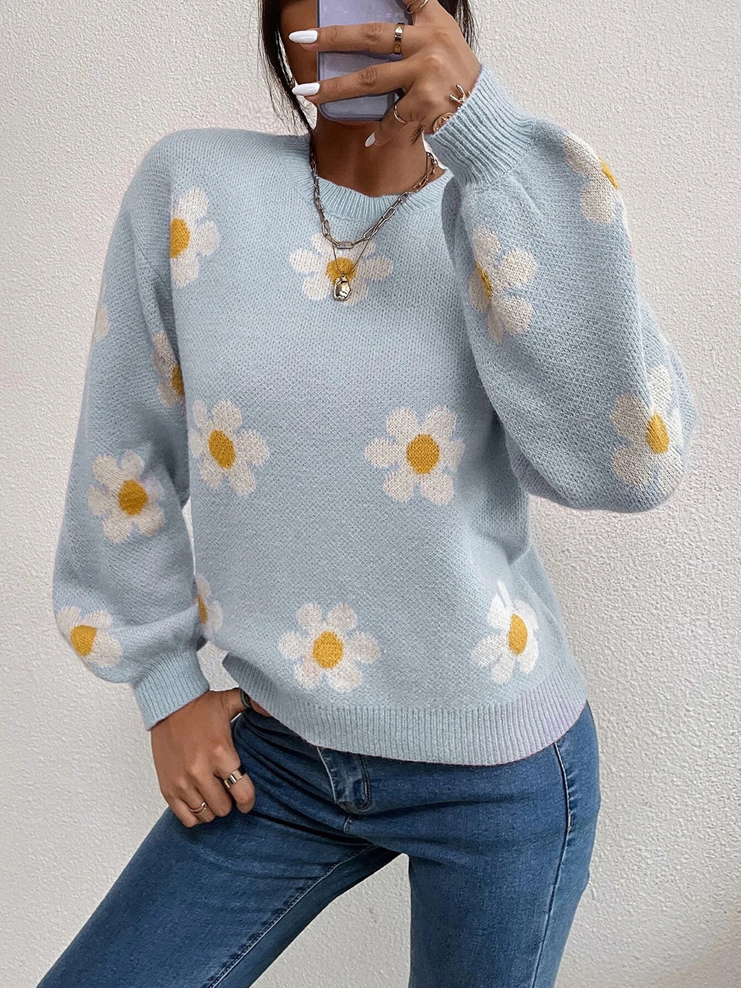 Women's Denim Floral Lantern Sleeve Sweater