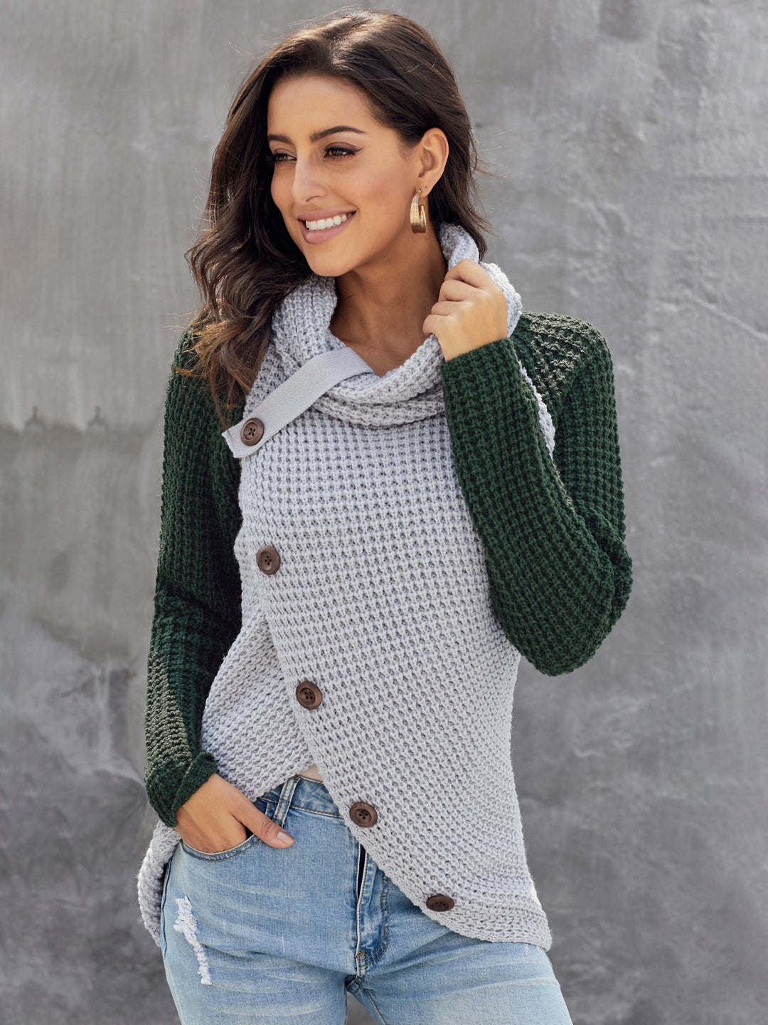 Women's Cozy Turtleneck Sweater with Decorative Buttons