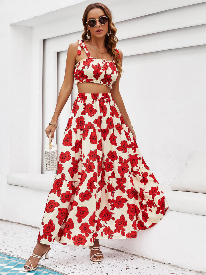 "Women's Floral Tie Shoulder Top and Tiered Maxi Skirt Set (Skirt)"