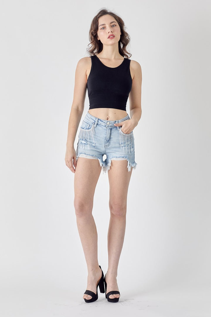 "Women's Frayed Hem Denim Shorts with Trendy Fringe Detail Pockets"