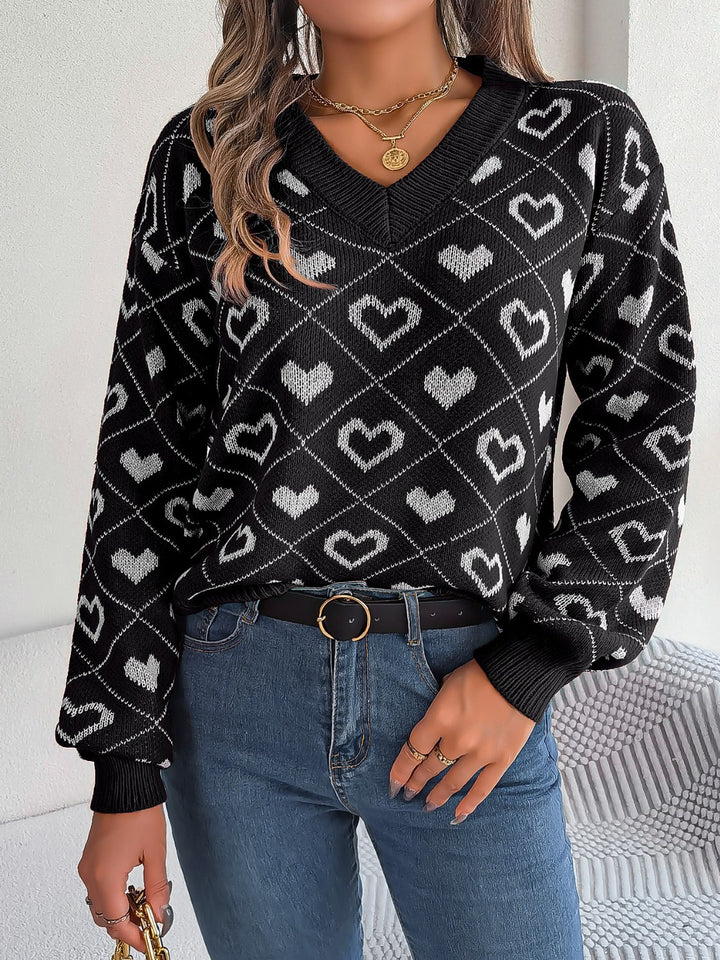 Women's Cozy Heart Print V-Neck Sweater