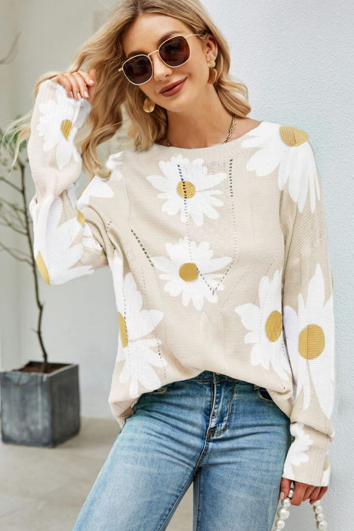 Women's Openwork Floral Daisy Print Round Neck Sweater