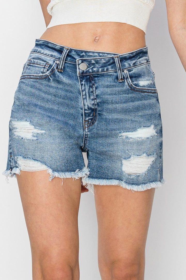 "Women's Stepped Waist Frayed Denim Shorts"