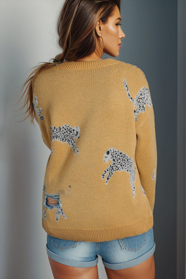 Animal Element Round Neck Dropped Shoulder Sweater