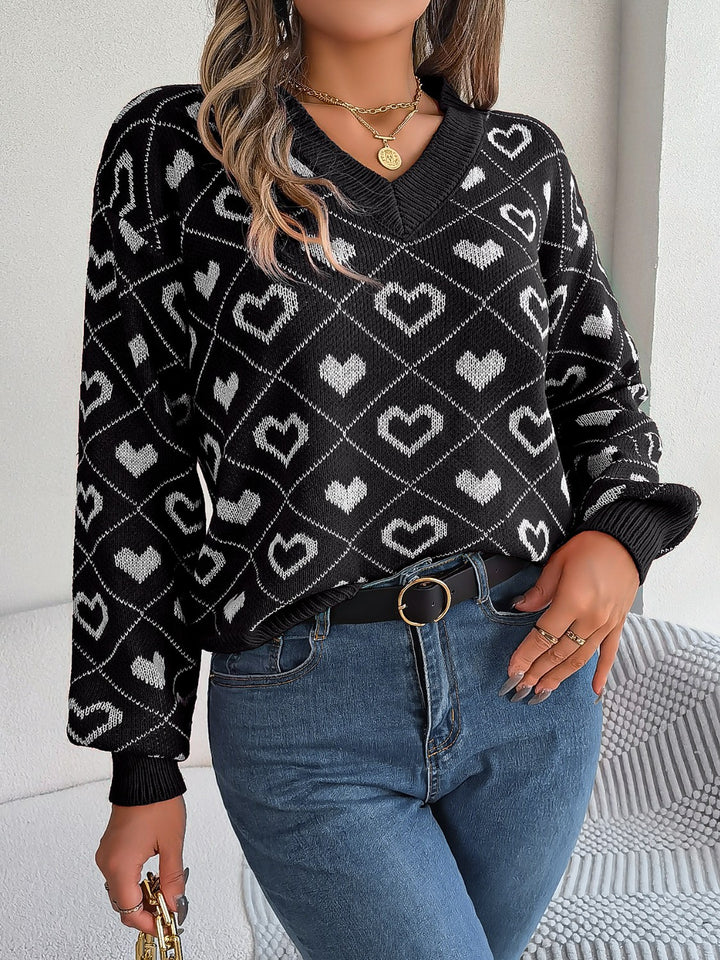 Women's Cozy Heart Print V-Neck Sweater