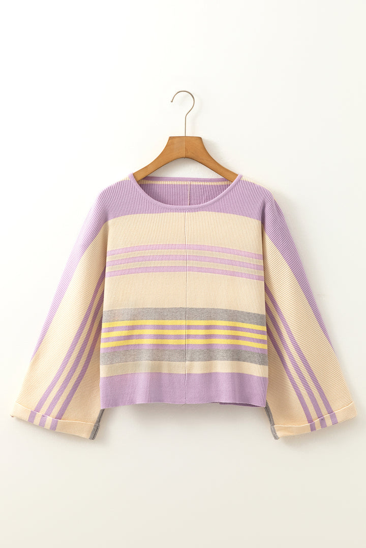 Contrast Striped Round Neck Three-Quarter Sleeve Top