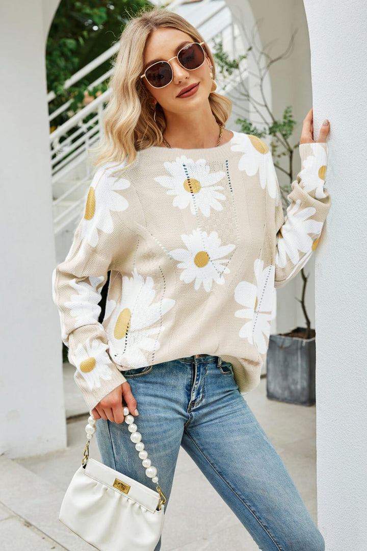 Women's Openwork Floral Daisy Print Round Neck Sweater