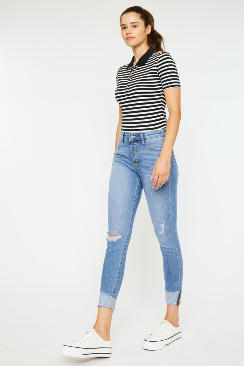 Women's Distressed Cat's Whiskers Button Fly Jeans