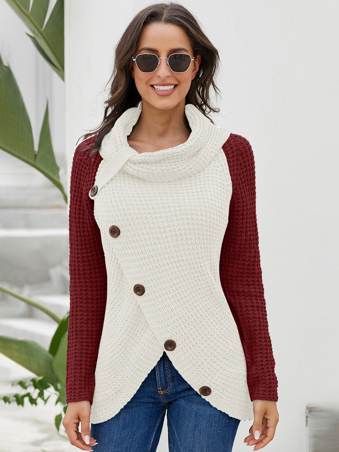 Women's Cozy Turtleneck Sweater with Decorative Buttons