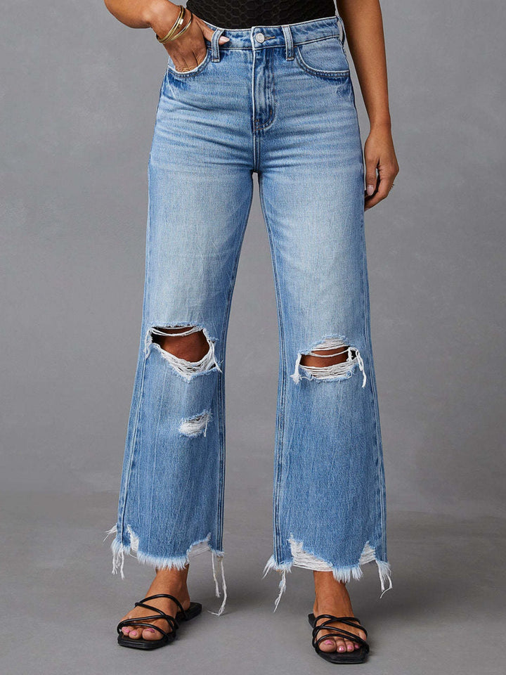 Women's Classic Distressed Raw Hem Jeans with Pockets