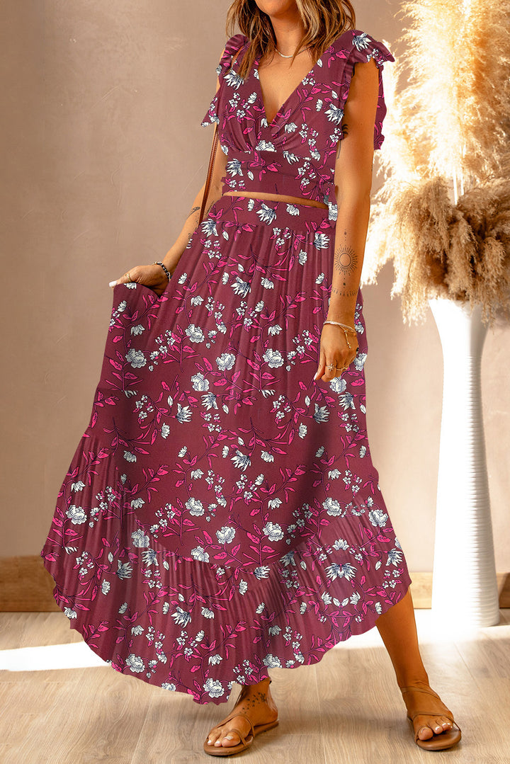 Women's Printed Tie Back Cropped Top and Maxi Skirt Set (Skirt)